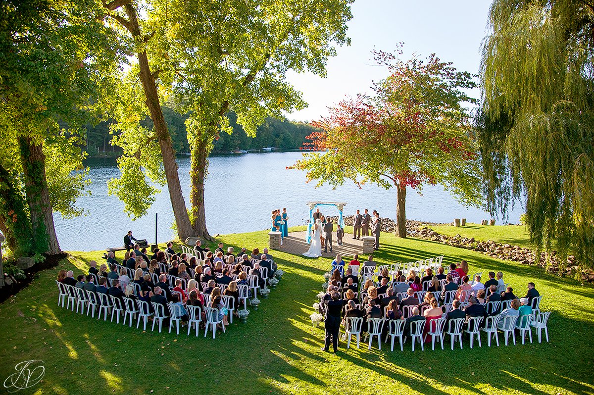 aerial view of wedding ceremony crooked lake