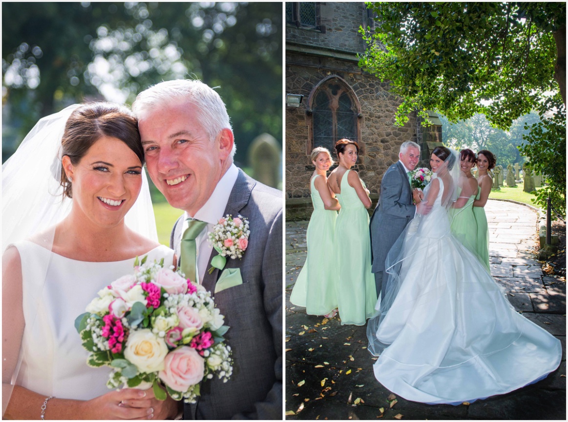 Bride and her girls smiling before entering the church