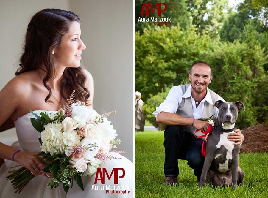 Bride looks amazing with her bouquet from Burge's Florist while groom poses with his grey and white dog. © Aura Marzouk Photography