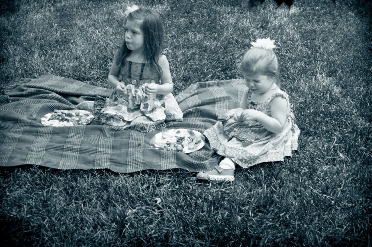 Peterson Children Portraits in Wisconsin - girls picnicing in the garden