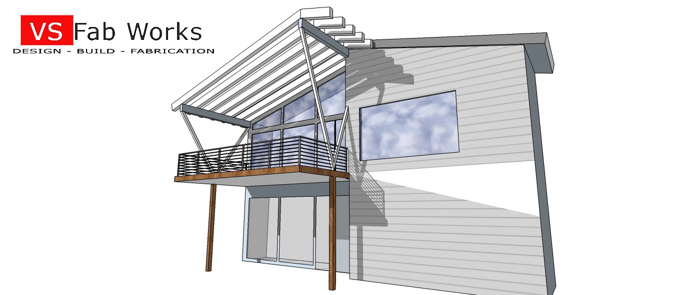 Mid-century modern steel pergola designed by VS Fab Works for Pure Style Homes.