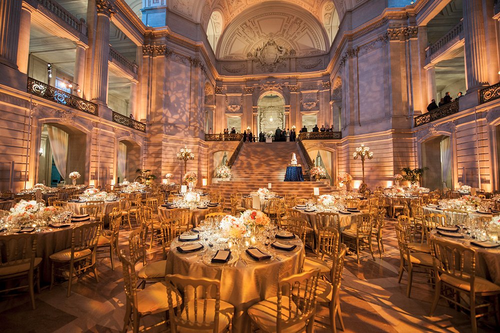 Extravagant San Francisco City Hall Wedding Reception with uplighting