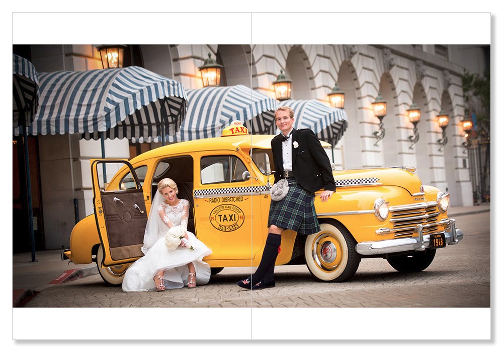Bride & Groom pose by Vintage taxi cab in San Francisco