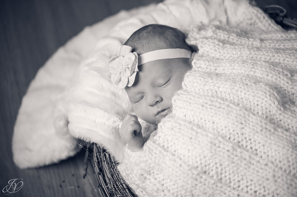 black and white photo of newborn sleeping in basket