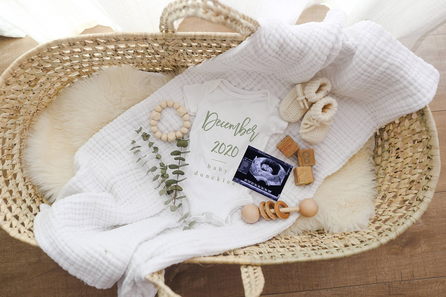 December 2020 baby announcement, Moses basket, muslin blanket, eucalyptus, sweet baby announcement