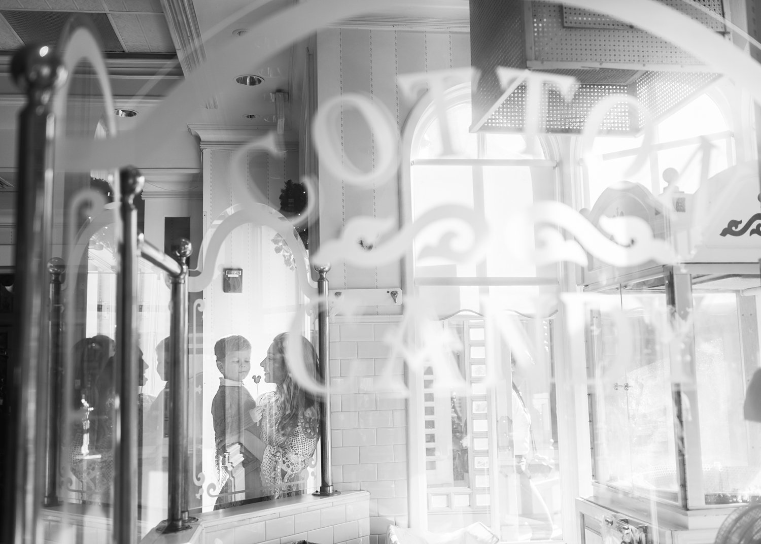 black and white, Main Street Confectionery, Main Street Confectionery windows, mother and son, Magic Session, Rya Duncklee
