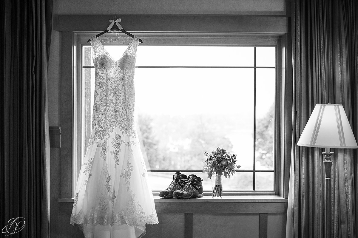 Stella York wedding dress details wedding hiking boots black and white