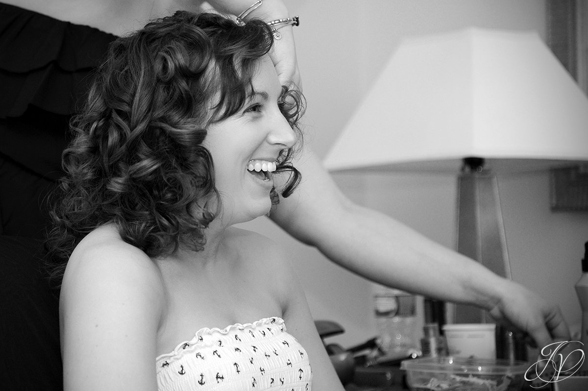 beautiful bride smiling, finishing up hair and makeup photos, Schenectady Wedding Photographerwedding at mabee Farms, Key Hall Proctors reception