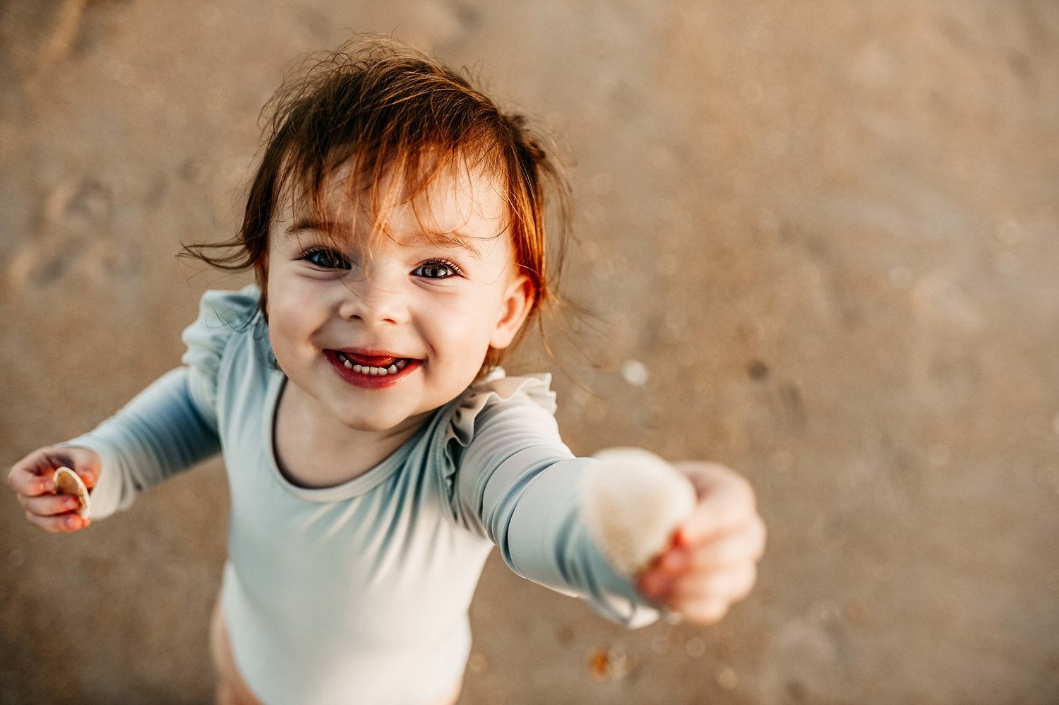 auburn haired two year-old showing shells collected on the beach