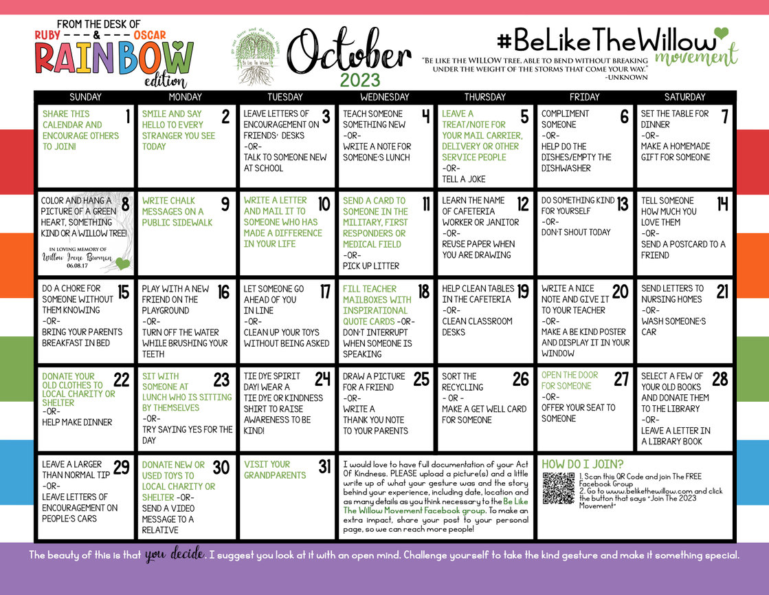 october calendar - Be Like The Willow