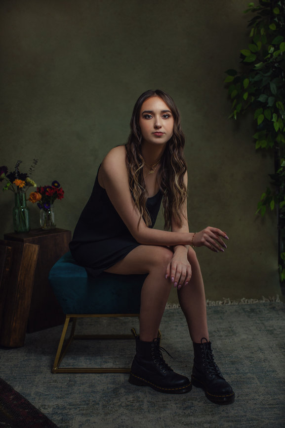 High end studio portraits in Las Vegas with custom set design and flowers, taken in a photo studio with Adam Trujillo, a Las Vegas portrait photographer.