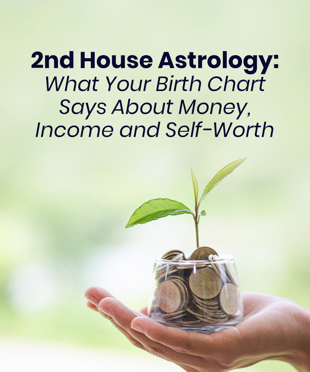 2nd house astrology and what your sign says about how you are designed to earn a living in your soul purpose
Astrology and money concept – hand holding a jar of coins with leaves growing, representing 2nd house financial growth