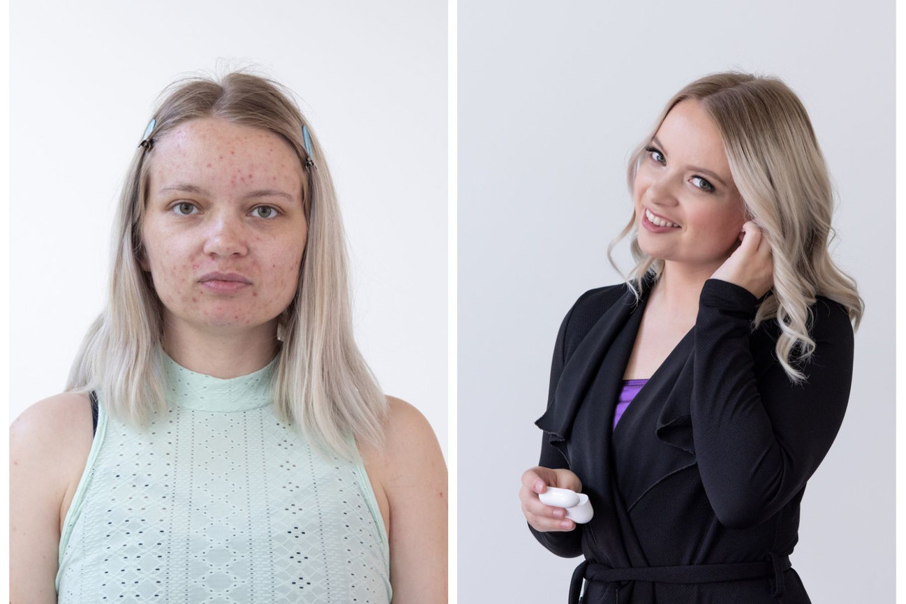 before and after beauty portrait showing hair and makeup on fair skinned white woman