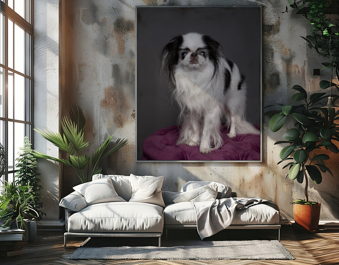 Large framed canvas of a senior dog portrait from a legacy session taken at BarkHop Studio, displayed as wall art in a living room in Chester County PA