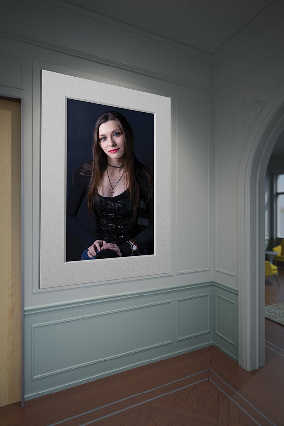 large matted portrait wall artwork displayed in a home interior with clean gallery style presentation