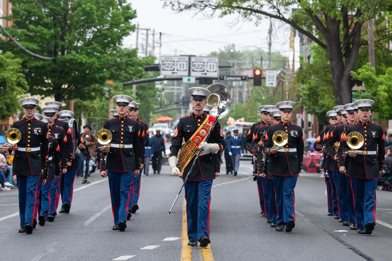 USMC Band marching in the 2024 Apple Blossom Parade