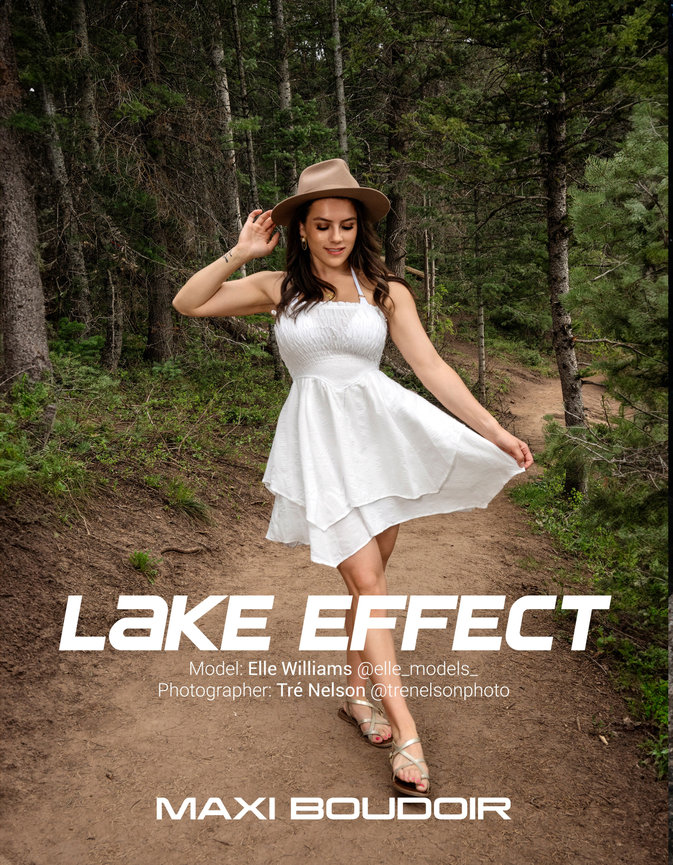 Model gracefully poses in a white sundress and hat on a forest trail at Tibble Fork, Utah, exuding natural elegance and charm. Captured by Tre Nelson Photography for Lake Effect, showcasing beauty in an outdoor setting.