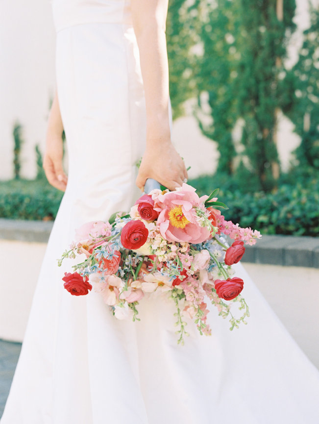 Fine art bridal bouquet in an harmonious association of dusty blue, and pink hues