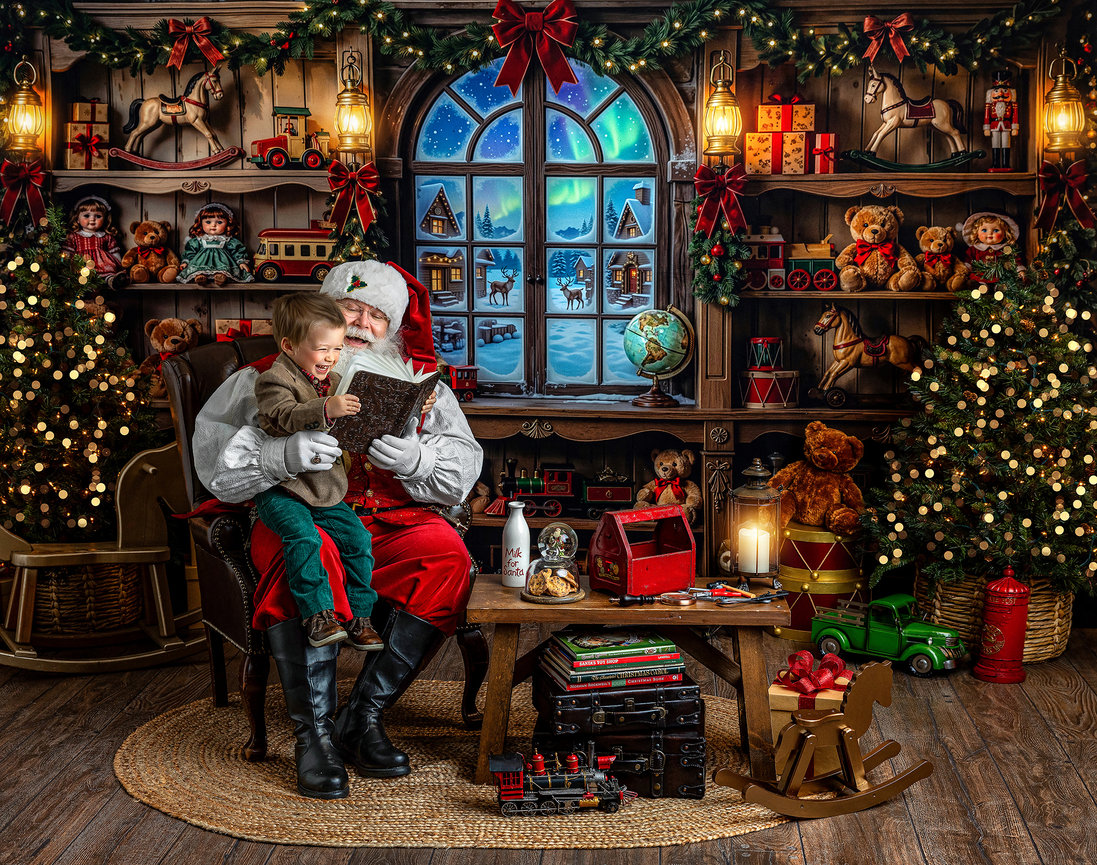 Children interacting with Santa Claus inside a custom Santa's Workshop set for holiday family portraits near Canton, Ohio.