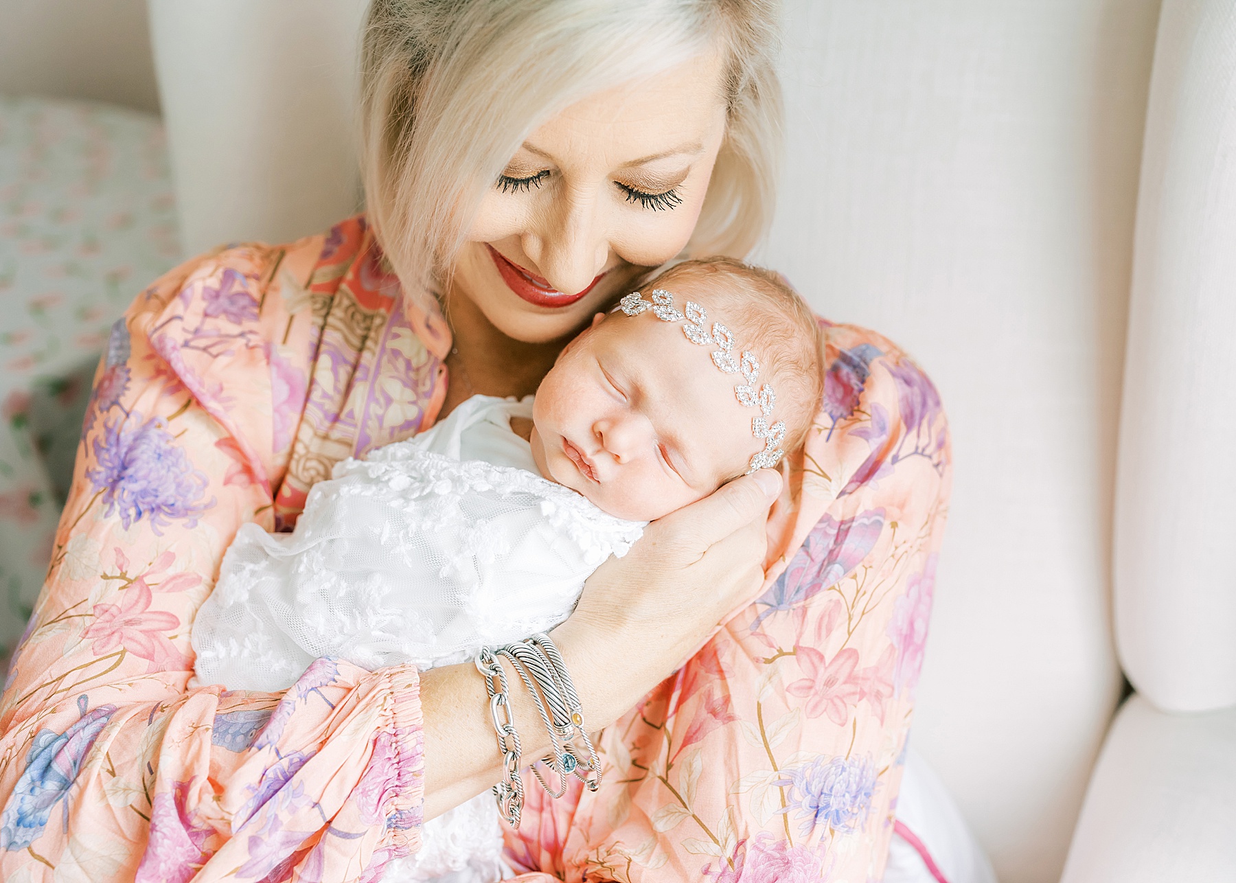woman in pink maxi dress, newborn baby girl, newborn, white wrap, airy newborn photos, woman in mascara holding baby girl