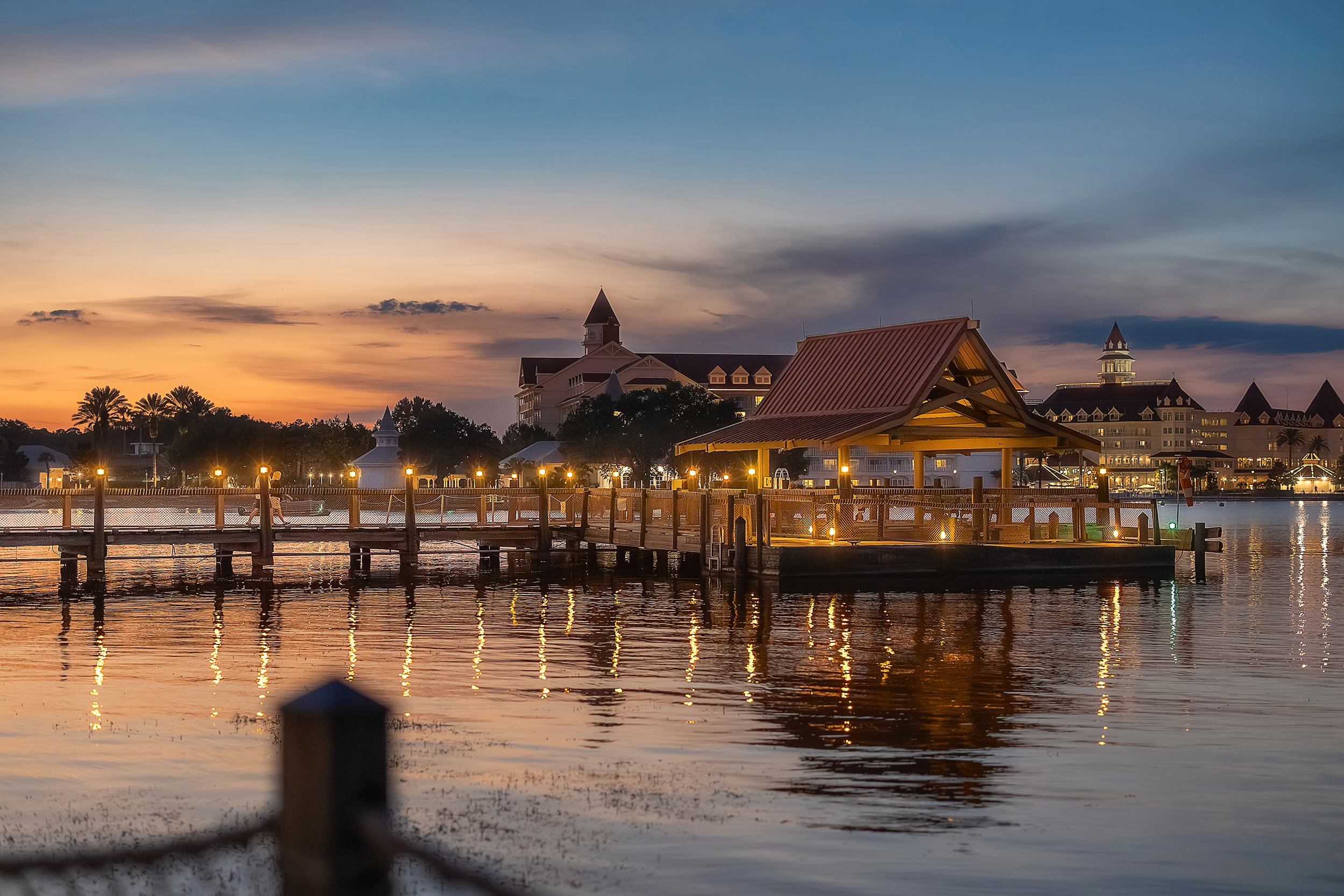 Sunset photo of the dock at Disney's Polynesian Resort, Orlando.