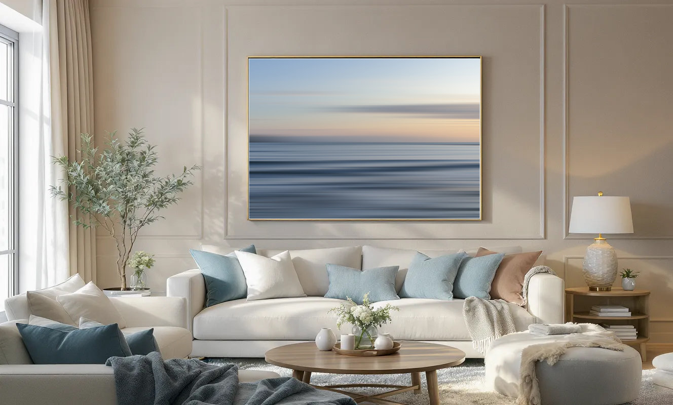Horizon abstract seascape artwork by North Vancouver artist Andrea Bruns displayed above a sofa in a contemporary interior.