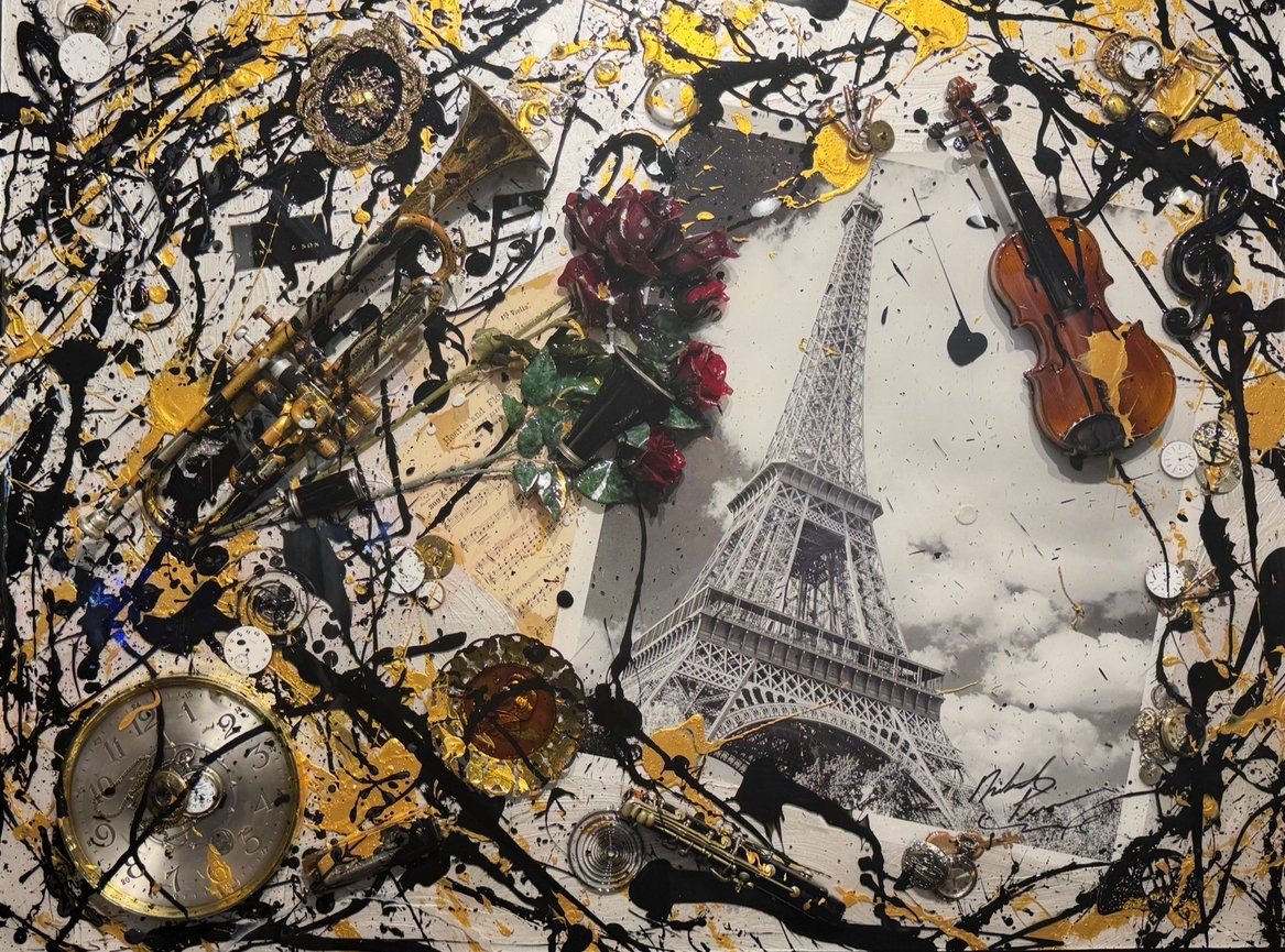 Abstract mixed-media artwork with the Eiffel Tower and gold paint