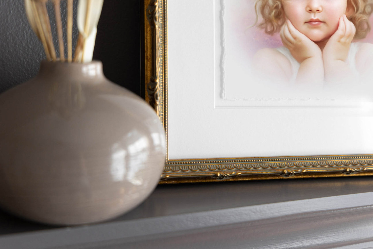 Detals of a pastel portrait of a little girl, styled in a timeless studio pose.