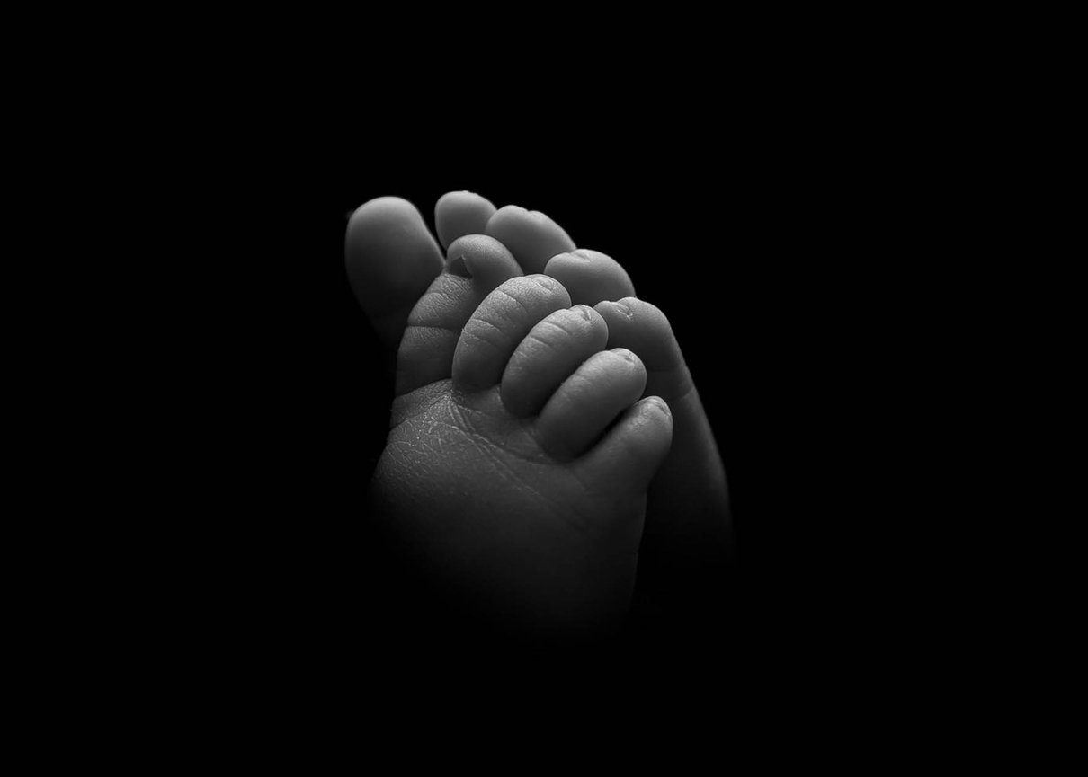 Detail portrait of tiny newborn toes, styled as a minimalist and modern portrait.
