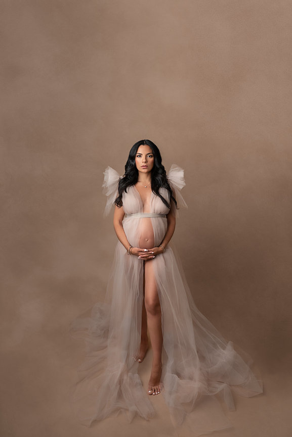Fine art maternity photo of mother in off-the-shoulder chiffon gown, softly lit in studio near Bay Head NJ.