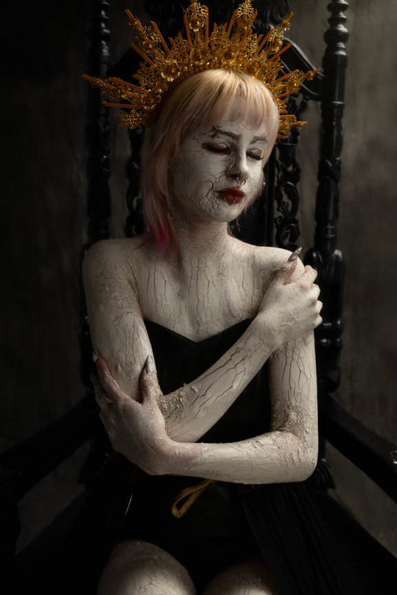 Black-and-white creative portrait with golden crown headpiece, Dallas Fort Worth fine art photographer