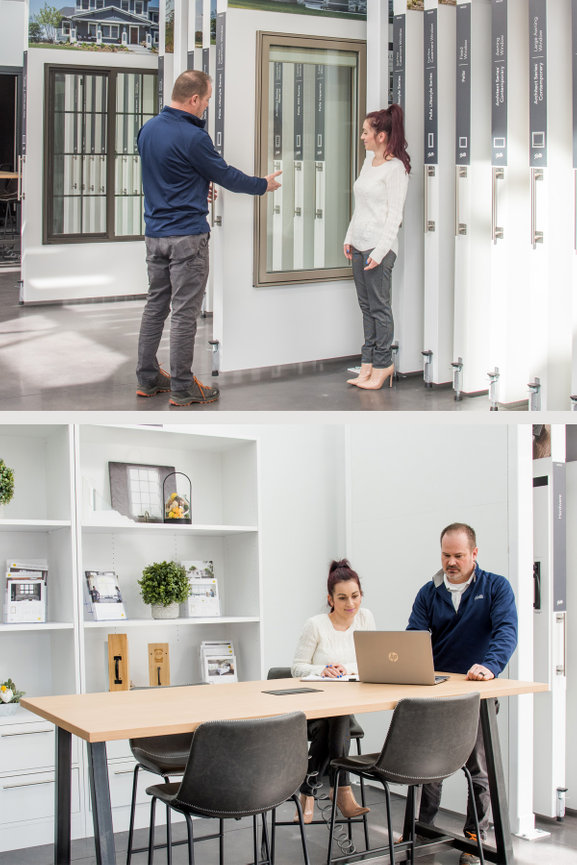 Two images of a man and a woman working together in a showroom at Pella Windows for a branding photo shoot in Sandy, Utah.