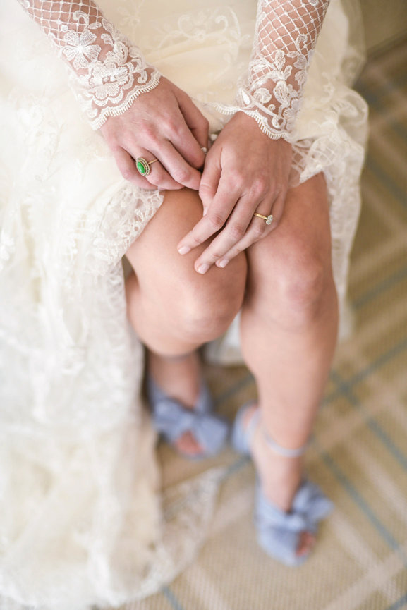 Details of bride's dress, jewelry and shoes at her Old Edwards Farm wedding. Destination wedding photography by Heather Durham.