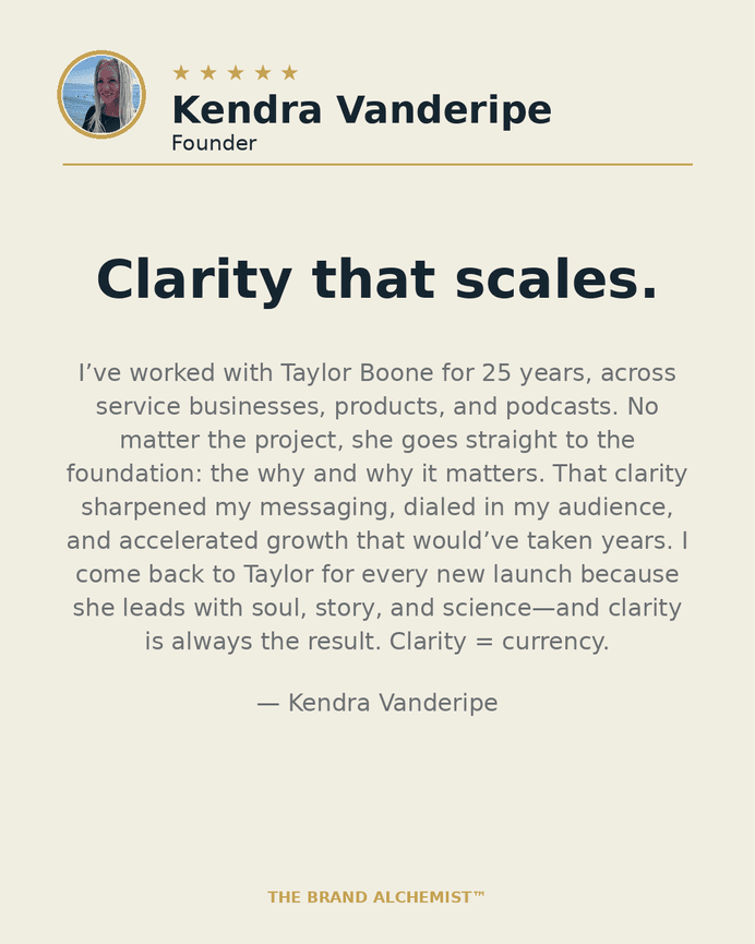 ALT text: Testimonial from Kendra Vanderipe praising Taylor Boone for business clarity and growth.