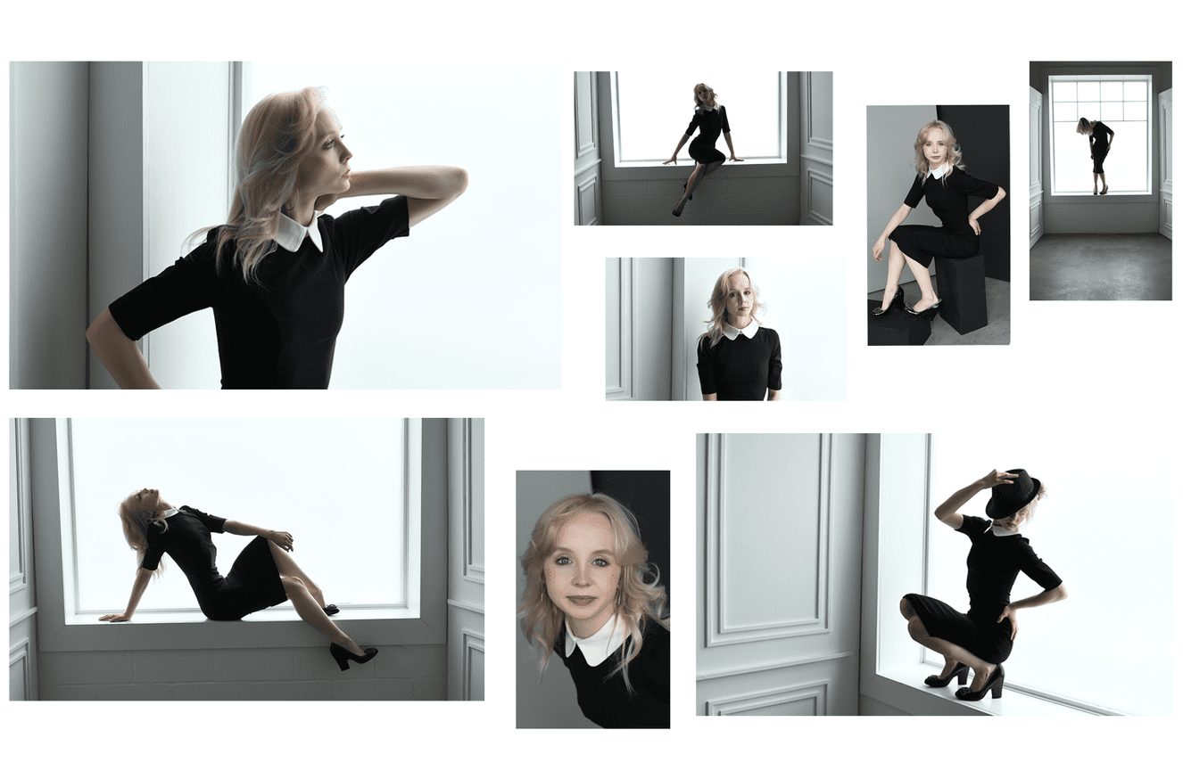 A collage of a gal wearing a vintage dress during her Class of 2024 photo session at Kliks Photography.