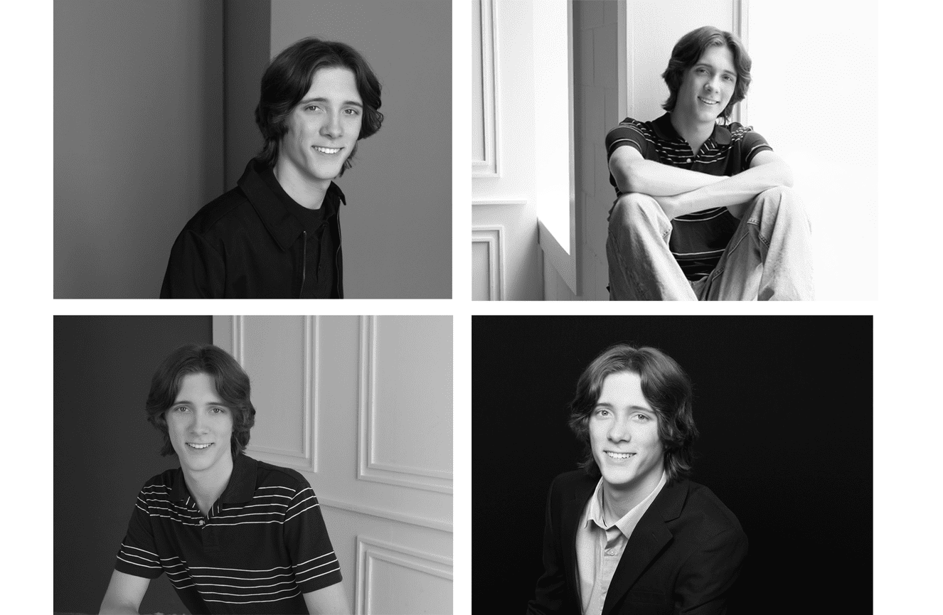 A collection of black and white portraits of Ryal during his high school senior session at Kliks Photography.