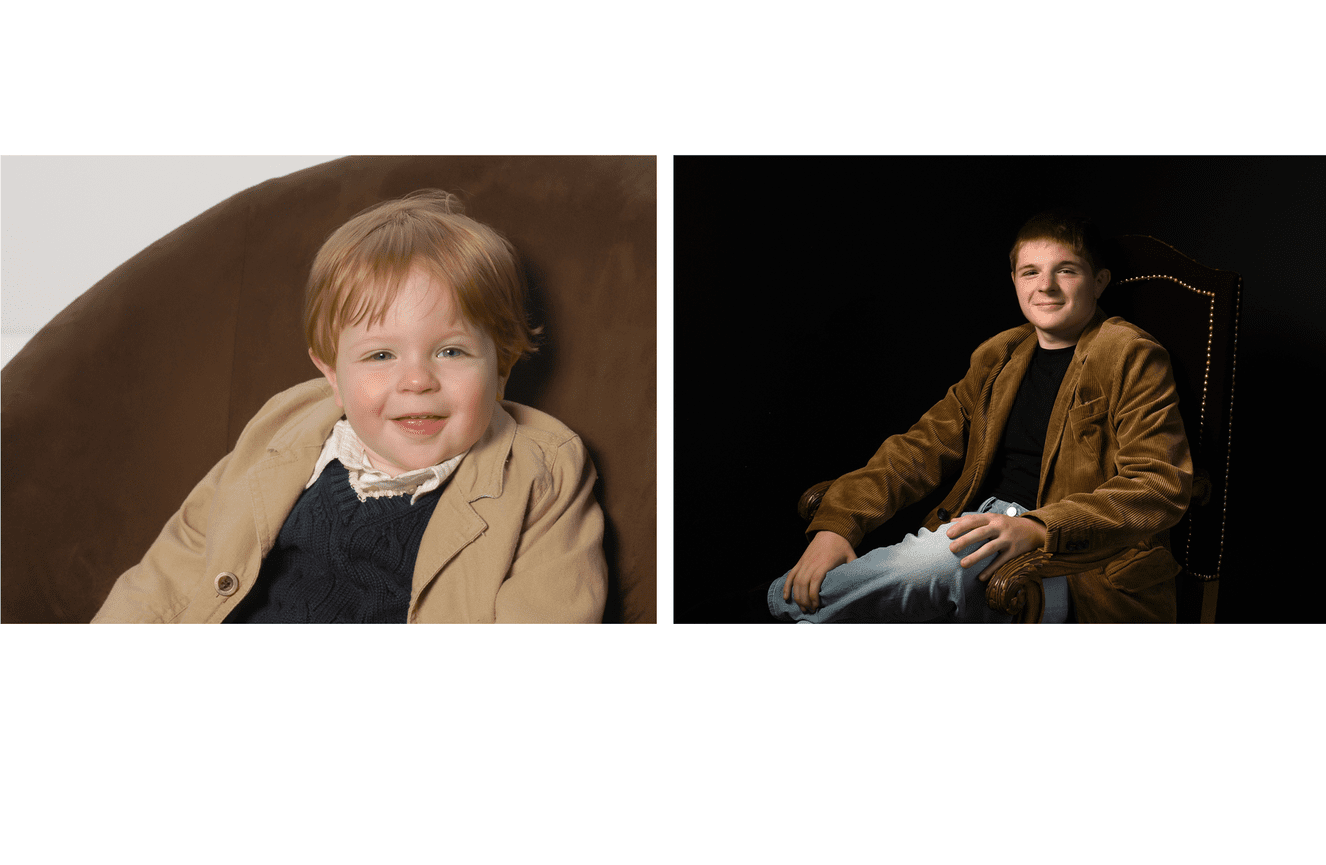 A photo of Jack when he was a toddler and now as a high school senior, wearing a brown blazer in both photos.