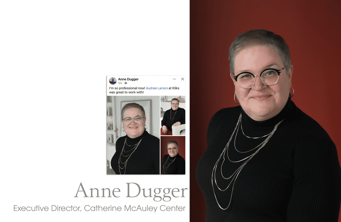A professional headshot of Anne next to a screen shot of how she applied her photos in a Facebook announcement.