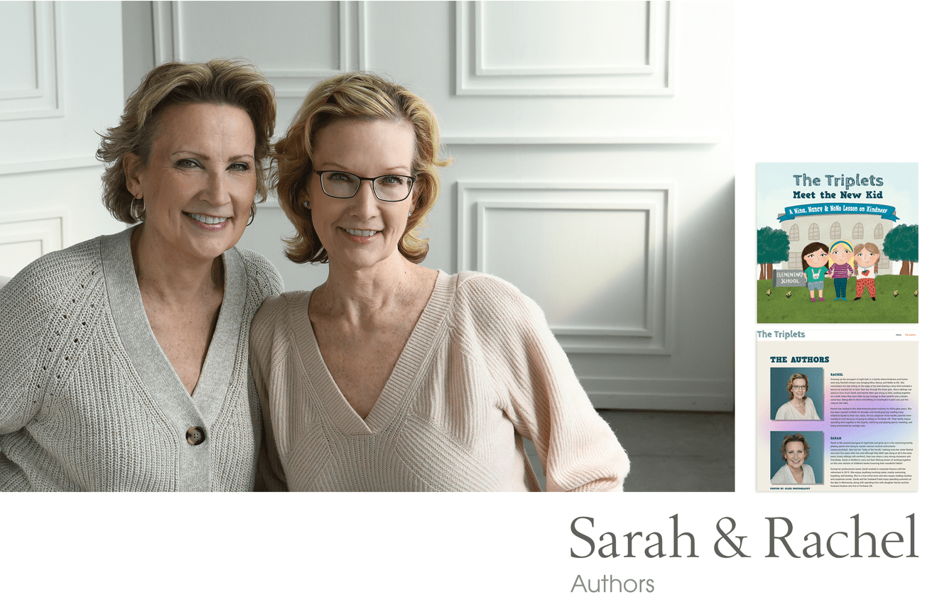 Sisters Sarah and Rachel pose in comfortable sweaters for their author bio page for the children's book they wrote together.