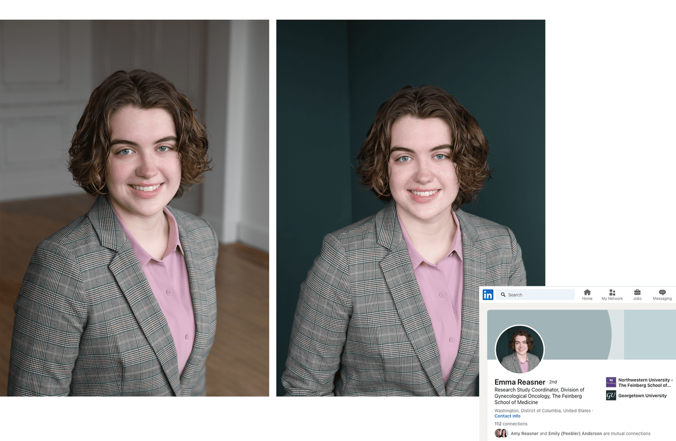 A young professional woman smiles broadly in a suit for her job application.