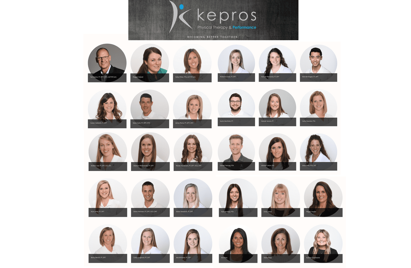 Thirty professional headshots of the therapists at Kepros Physical Therapy & Performance in Cedar Rapids, Iowa.