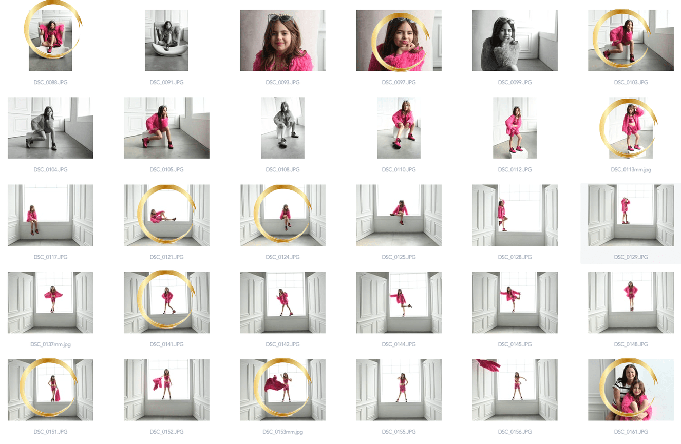A screen shot of a client's online gallery poses at Kliks Photography with favorites circled in gold.