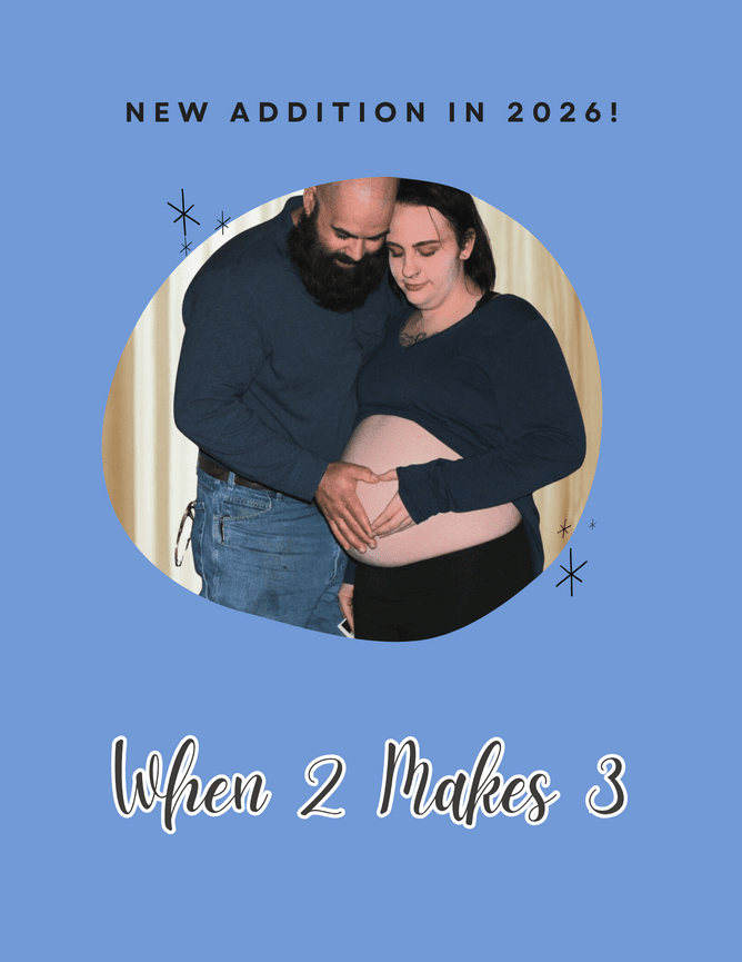 Photo of a pregnant couple with text stating a new addition in 2024