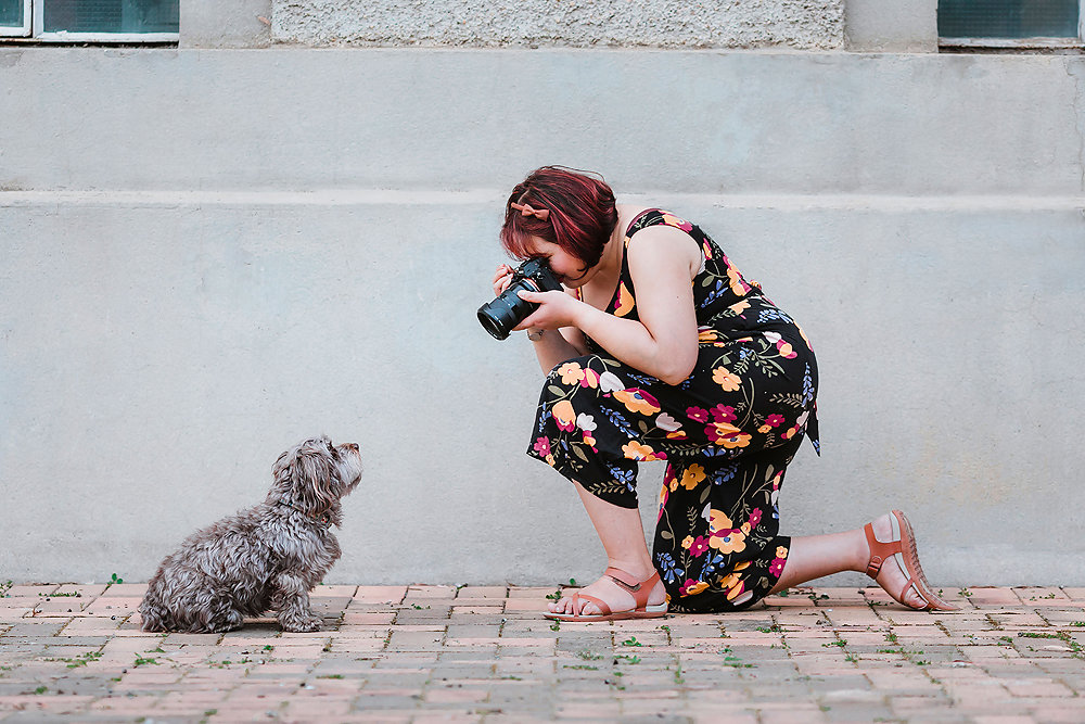 Pet photographer with camera and dog
