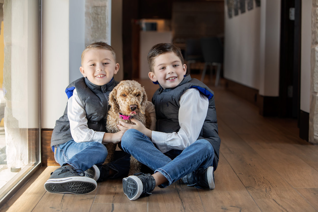 Portrait of kids with their dog in Southlake home.