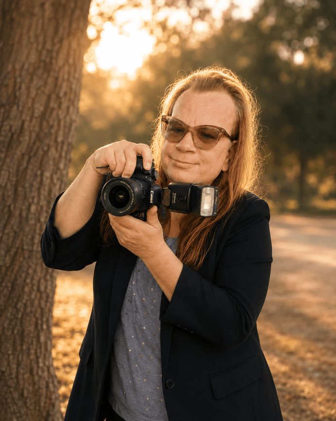 Sherry Edith Dansby holding her camera beside a lake