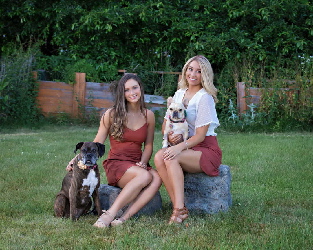 outdoor family portrait of young adult sisters on rocks with two dogs on grass